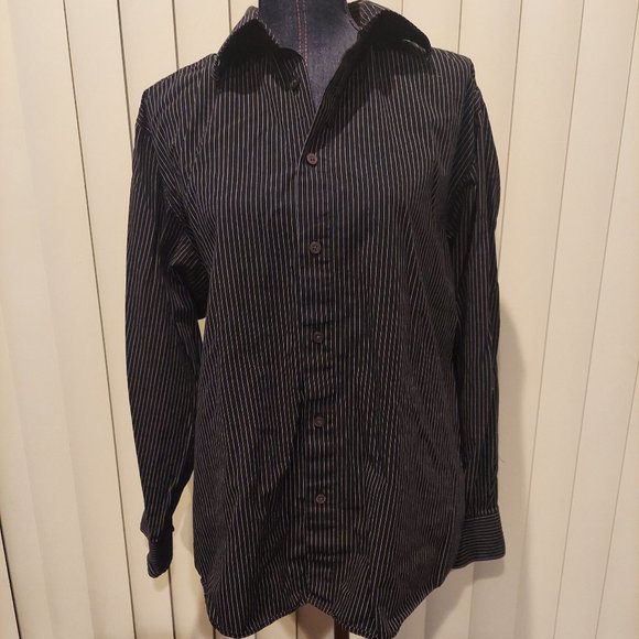 Eight Eight Black Long-Sleeve Button-Front Top w/ White Stripes Men's Size Large - Picture 1 of 3